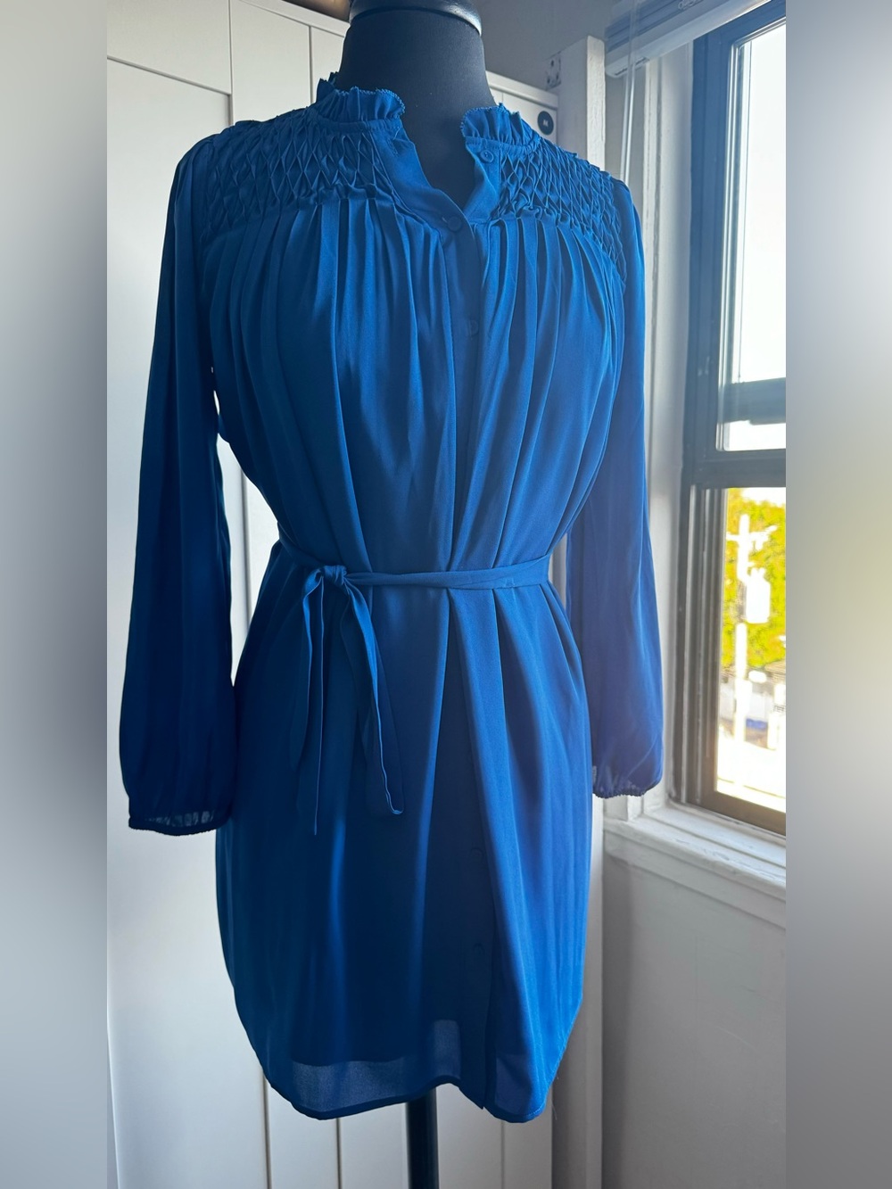 Daniel Rainn Cobalt Blue Long-Sleeve Smocked-Yoke Dress